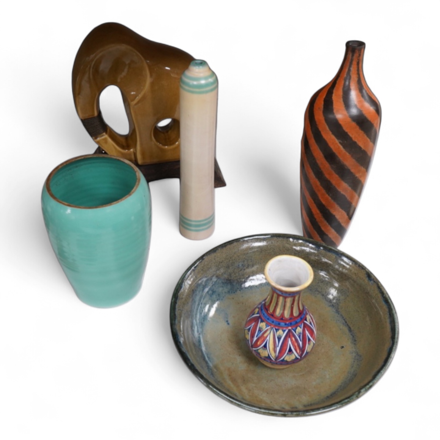 A collection of ceramics to include a Poole turquoise vase, modernist elephant and Santo Stefano di Camastra vase, largest 37cm high